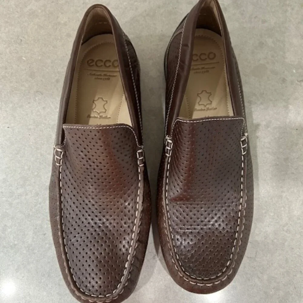 Ecco Men's Brown Genuine Leather Perforated Loafers Sz 11 Excellent